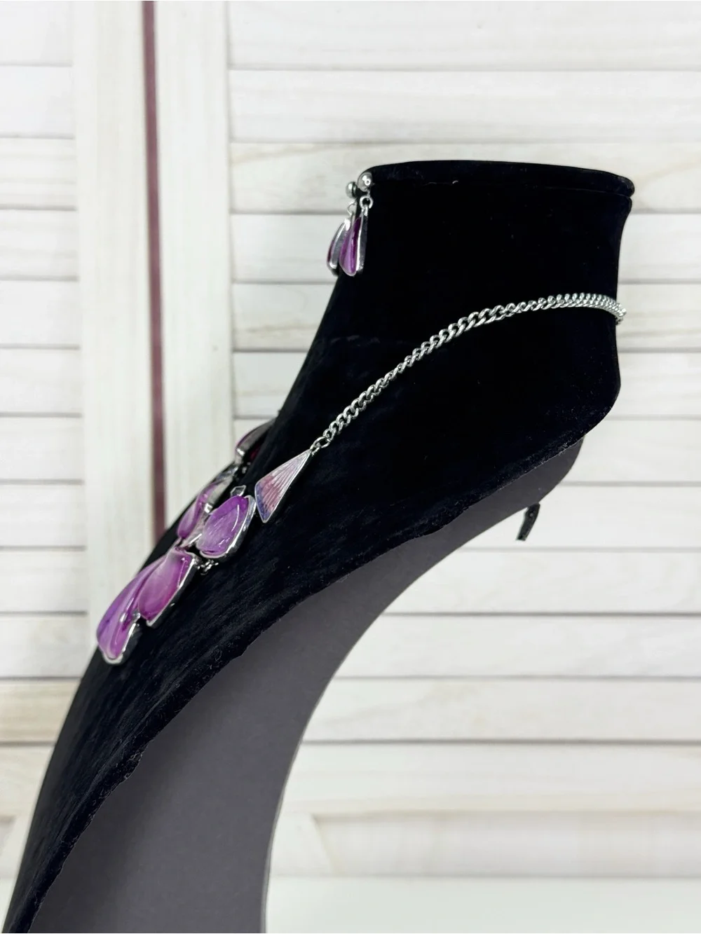 Rivir Purple and Silver Enamel Bib Statement Necklace and Earring Set Y2K‎